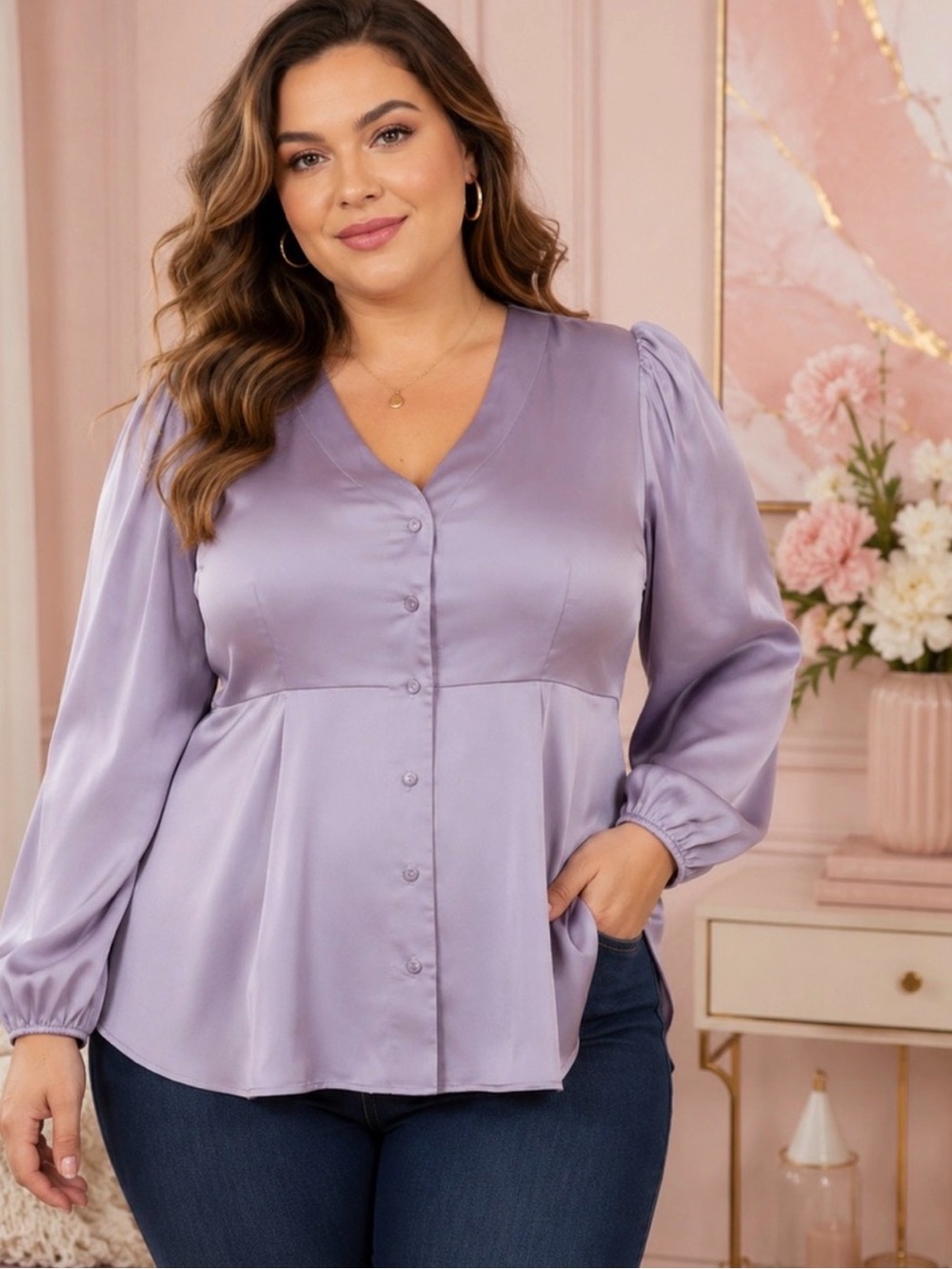 Torrid Lavender Satin Peplum Button Front Blouse 1X